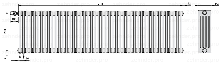 Схема (чертеж) Радиатор Zehnder Charleston 5110/46 №V001 Белый глянцевый RAL 9016